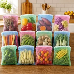 Homestrap Reusable Mesh Fridge Storage Bags Set of 12 | Fruit & Vegetable Bags for Refrigerator | Washable Multipurpose Grocery Organizer Pouches with Zip Closure (9 X 13 Inches | Multicolor)