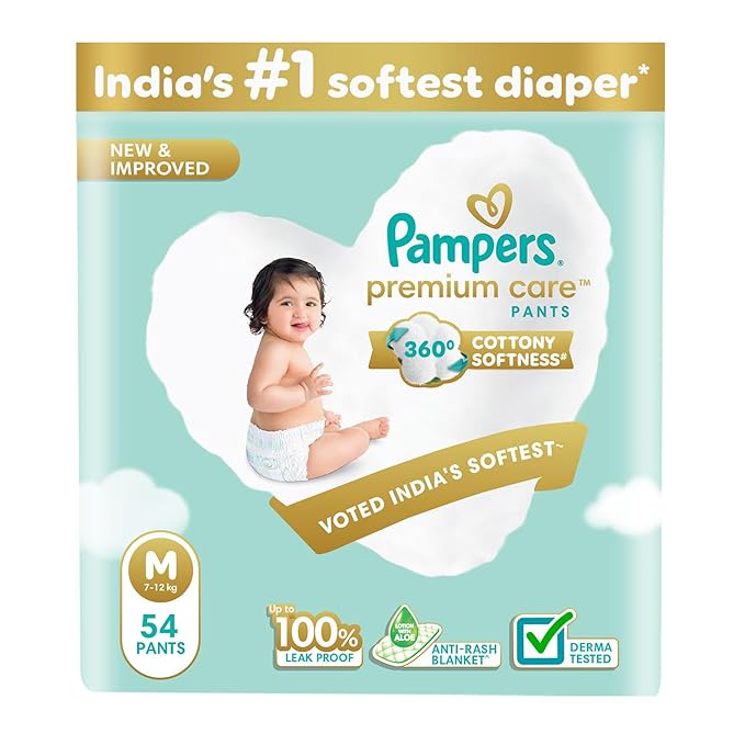 Pampers Premium Care Pant Style Baby Diapers | Medium (M size) | 54 Count | Voted India's Softest | All-in-1 with 360 Cottony Softness Diapers | 7-12kg