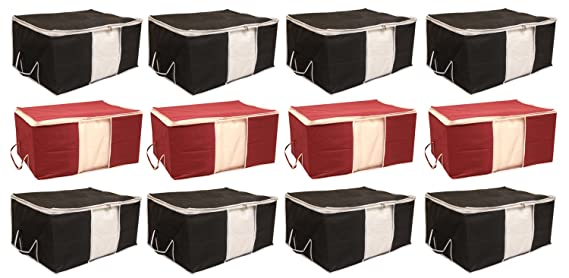 Kuber Industries 12 Piece Non Woven Underbed Storage Organiser Set, Extra Large, Maroon and Black