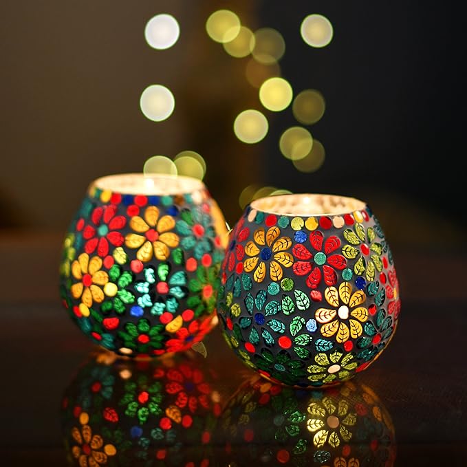 Homesake Tealight Candle Holders for Home Decor, Mosaic Glass, Flowers Diwali Decoration Items, Diwali Decoration Item for Home Decor | Pack of 2