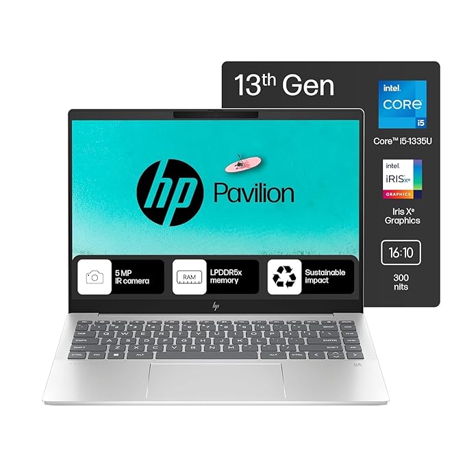 HP Pavilion Plus, Intel Core i5-1335U-13th Gen Laptop, (16GB LPDDR5x,512GB SSD),IPS, 300 nits, 14''(35.6cm) 2K,Win 11, M365 Basic(1yr), Office Home 24, Silver,1.38kg, 5MP Camera w/Shutter, ew0107TU