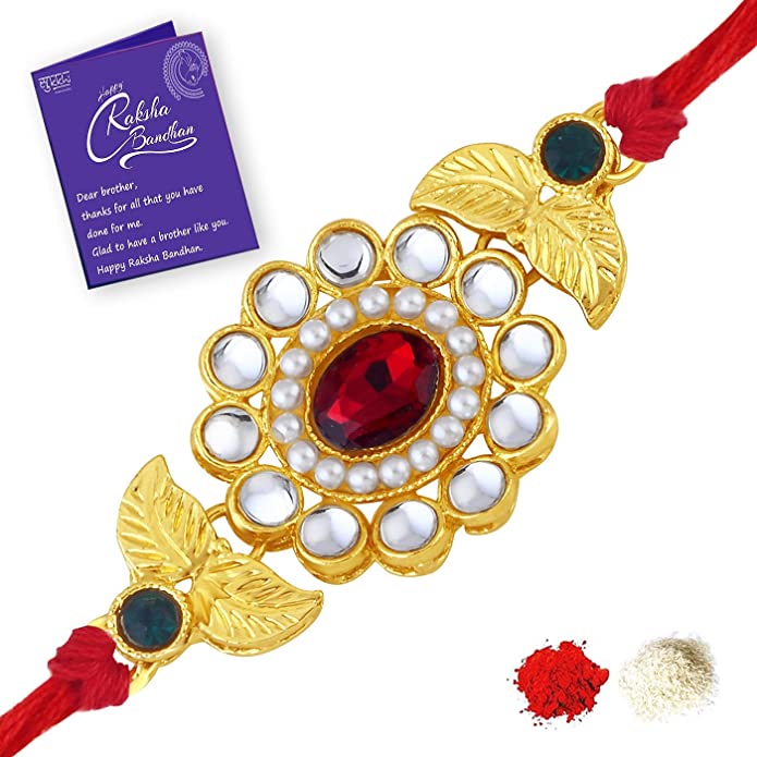 Sukkhi Sleek Gold Plated Floral Rakhi for brother with Roli Chawal and Raksha Bandhan Greeting Card For Men (RAK73418)