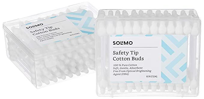 Amazon Brand - Solimo Baby Cotton Buds with Large Safety Tips for Ear Protection - 60 Sticks (Pack of 2)