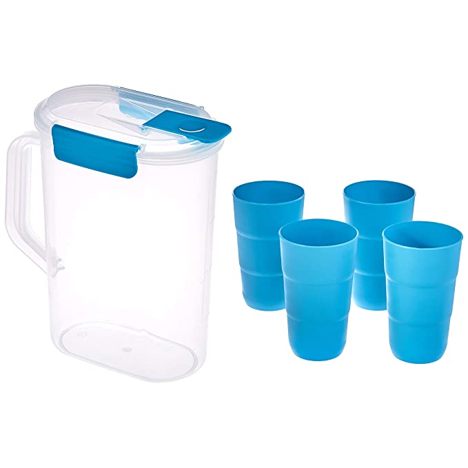 Amazon Brand - Solimo Pitcher with Tumbler Set, Set of 5, Blue