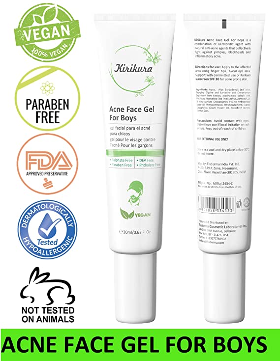 KIRIKURA Vegan ACNE Face Gel for Boys,Acne gel with Salicyclic Acid and Cinnamon Bark Extract, Acne Scar for Boys.