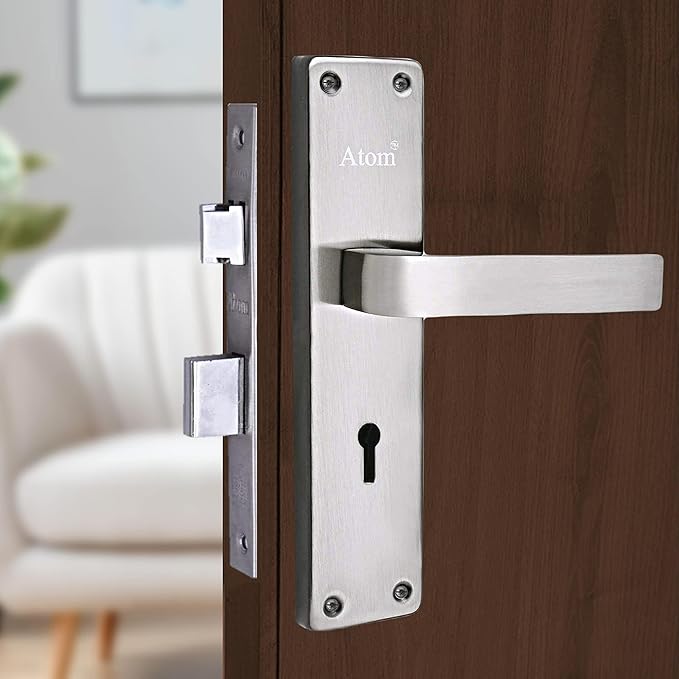 Atom Main Door Mortise Lock with Handle,Bedroom, Bathroom, Silver Satin Antique Finish | 3 Keys | 6 Lever Double Stage Lockset for House Hotel Office(803KY)