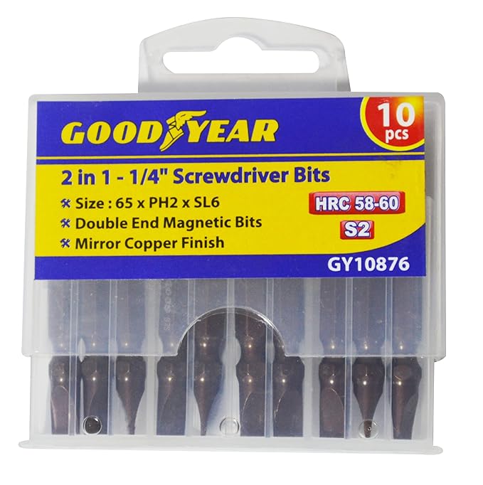 Goodyear 2 IN 1-1/4" MAGNETIC SCREWDRIVER BITS (65mm x PH2 X SL6) (PACK OF 10), brown