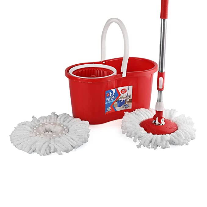 Kleeno by Cello Compacto Spin Mop with 2 Refill | 360 Degree Rotating Mop | Extendable Rods with Handle Lock | Floor Cleaning Mop | Mop with Bucket | Red