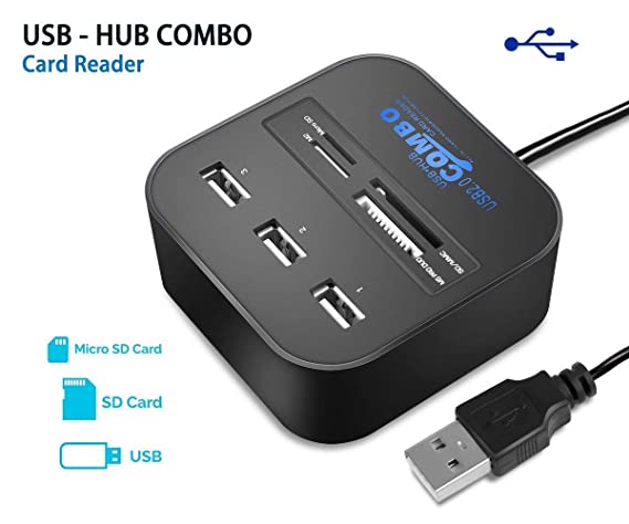 rts Card Reader Hub with 3 Ported USB-2.0 Combo for MS/PRO Duo SD/MMC M2 MicroSD/TF Cards on Laptop (Black)