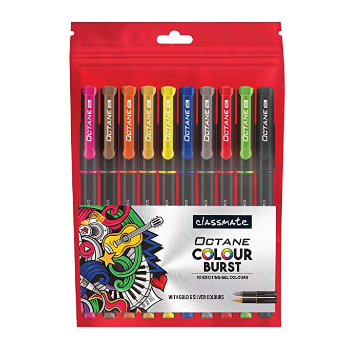 Classmate Octane Colour Burst-Multicolour Gel Pens (Pack of 10) | Gold & Silver Glitter Sparkle Pens|10 colour ink shades for art lovers and kids|Fun at home essentials