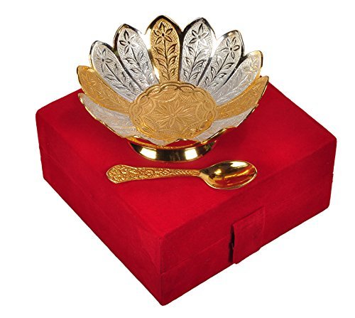 JR Handicrafts World Silver and Gold Plated Brass Bowl with Spoon (12.7X6.985X12.7, Silver and Golden)