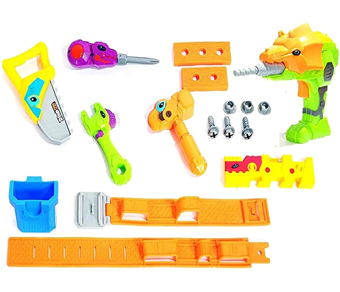 MWG Exports Co 17 Piece Take A-Part Dinosaur Tools Playset for Children with Lights & Sound Emitting Electronic Drill + Kids Tool Strap