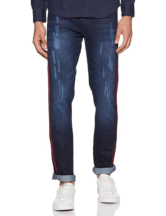 Campus Sutra Men's Classic Blue Dark-Washed Distressed Side Striped Regular Fit Denim Jeans | Mid-Rise Stretchable Cotton Denim Jeans Crafted with Comfort Fit & High Performance for Everyday Wear
