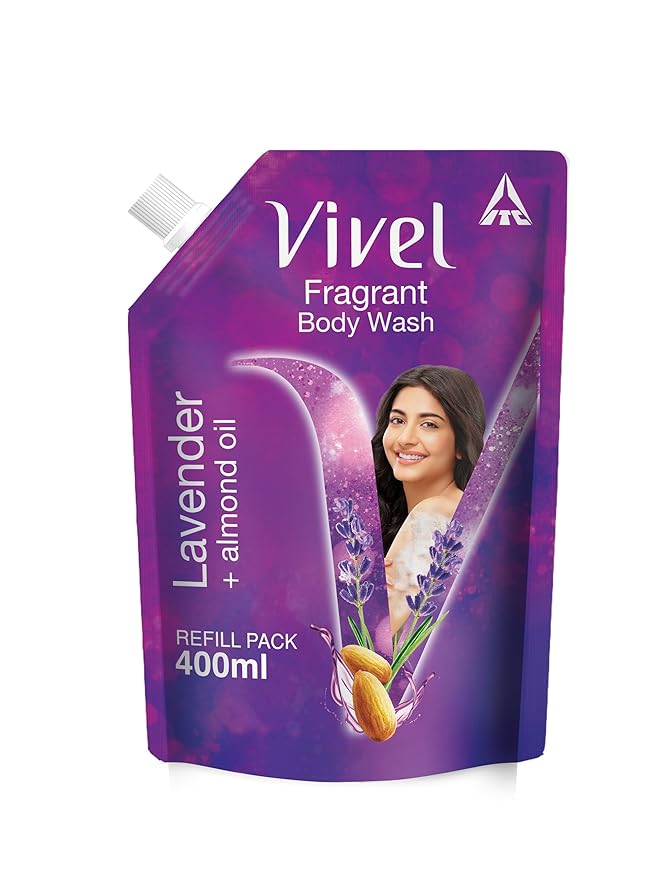 Vivel Fragrant Body Wash, Lavender & Almond Oil Shower Gel, 400 ml Supersaver Refill Pouch, Moisturizing Bodywash, Soft & Smooth Skin, Effective Cleansing, For Women & Men