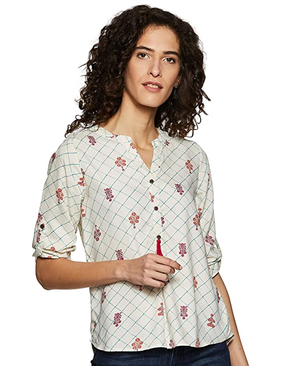 Akkriti By Pantaloons Women's Floral Regular fit Top (110049716_Off White Medium)
