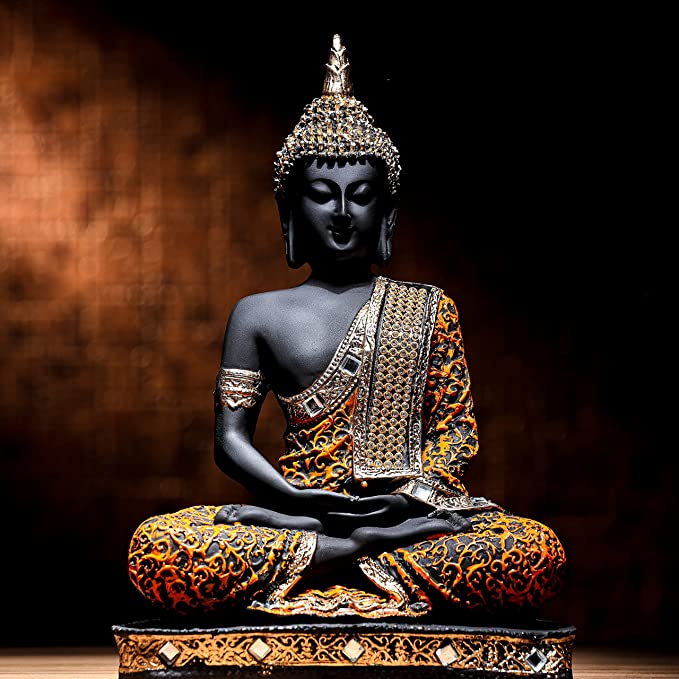 Global Grabbers Polyresin Sitting Buddha Idol Statue Showpiece for Home Decor Decoration Gift Gifting Items-ORG_BLK-BS2-(00)