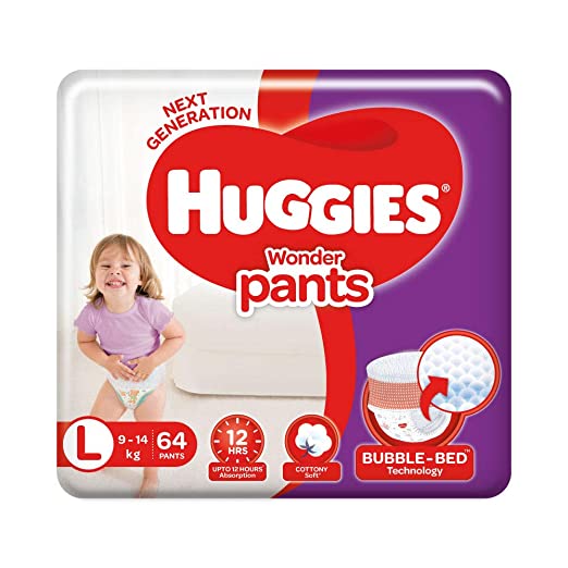 [Size: Large] - Huggies Complete Comfort Wonder Pants | Pant Style Baby Diapers Large Size (L), 64 Count | India's Fastest Absorbing Diaper, Prevents Diaper Rash, Ideal for 9 to 14 Kgs