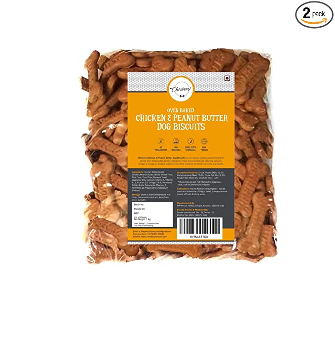 Chewers Oven Baked Real Chicken & Peanut Butter Dog Biscuits, Chicken Flavour, Dog Treat 1 Kg (Pack of 2)