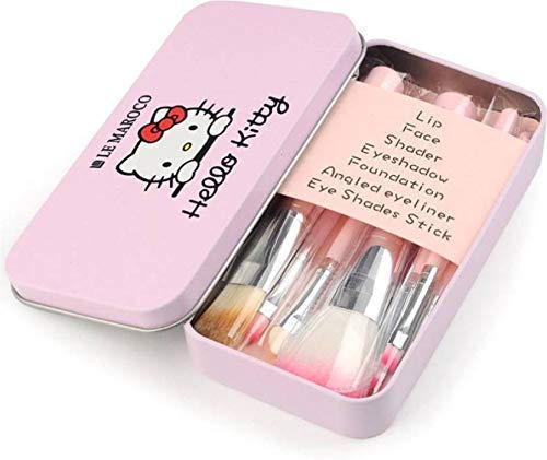 Squared Soft Bristle Makeup Brush with Kitty Print box- Pink Set of 7