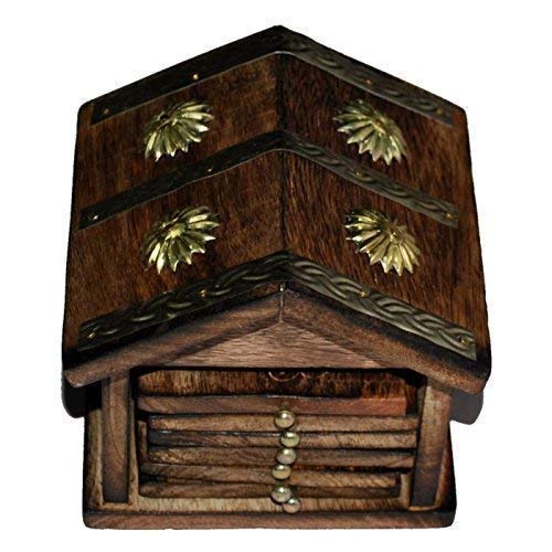 GiftoshopeeWooden & Brass Antique Hut Shape Coaster Set Home Decor Gift Item