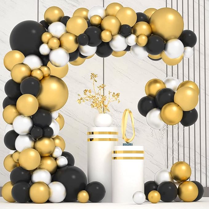 Party Propz Black And Golden Balloons - Pack of 50 Pcs Black Golden Balloons For Decoration | Balloon Decoration Kit | Gold Metallic Balloons for Decoration | Groom to be Decorations (Latex)