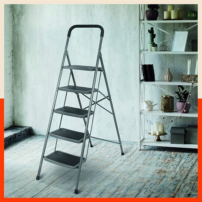 Bathla Boost 5-Step Heavy Duty Foldable Steel Ladder for Home | Wide Anti-Slip Steps | Safety Hand Grip & Secured Joints (Black)