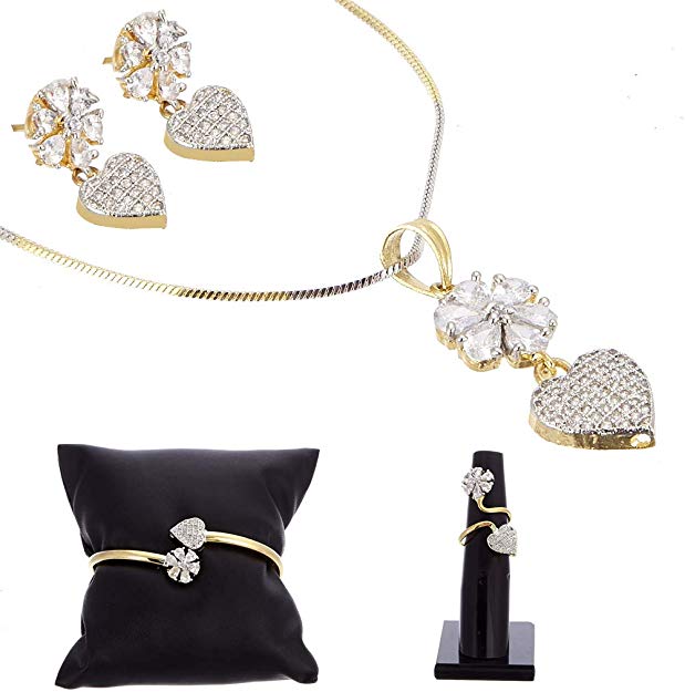 Zeneme Combo of Heart Shaped White Gold Plated and American Diamond Pendant with Earrings, Bracelet and Ring for Women
