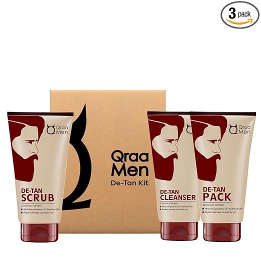 Qraa Men De-Tan Kit For Instant Tan Removal | For Skin Lightening & Brightening | Dirt & Blackhead Removal |Tan Removal Face Cleanser, Scrub & Pack | 320gm (Pack of 3)
