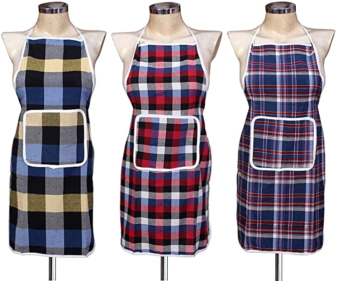 GLUN® Cotton Kitchen Multi Colour Apron with Front Pocket - Set of 3(Color and Design May Vary)
