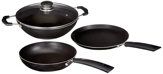Amazon Brand - Solimo 3 Pcs Non Stick Cookware Set - Aluminium, Black