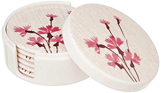 Amazon Brand - Solimo Classico Set of 6 Melamine coasters with stand (10*10 cm), Plastic, white