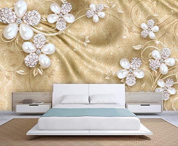 999store 3D White Flowers and Golden Pattern Wallpaper (Self-Adhesive_4X3 Feet_Multi)