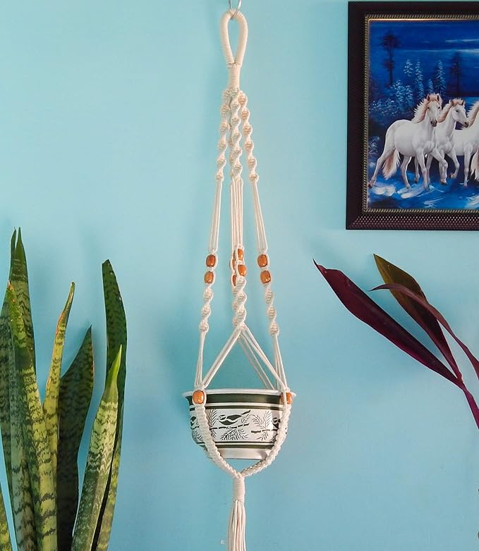 ecofynd Macrame Plant Hanger [Without Pot] | Rope Flower Pot Holder for Indoor Outdoor Balcony Gardening (Single, Ivory - M3), 1 Piece