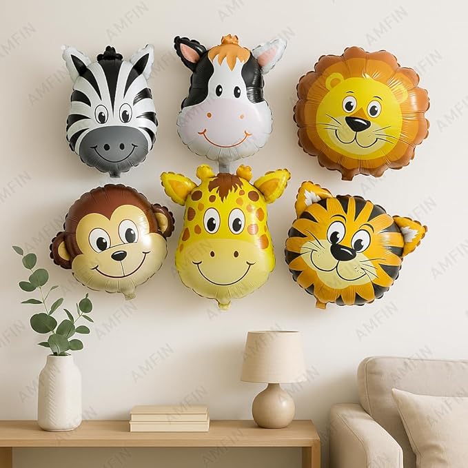 AMFIN® (Pack of 6) Small Jungle Theme Balloons Animal Face Foil Balloon for Jungle theme Decoration jungle theme party supplies jungle theme backdrop - Small Size