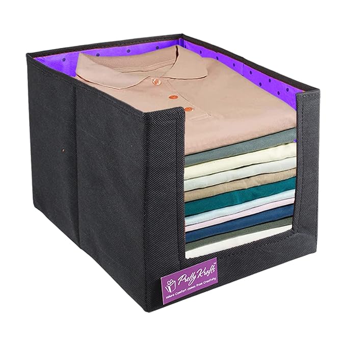 PrettyKrafts 1 Pc Non Woven Large Capacity Shirt Stacker / Foldable & Stackable Closet Wardrobe Cupboard Organizer / Foldable Storage Box / Multipurpose Clothes Organizer (Purple, 26x40x26 cm)