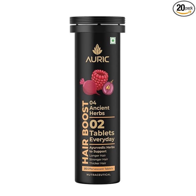 Auric Hair Boost Effervescent Tablets 20 Count | Ayurvedic Formula for Hair Fall Control | Biotin, Zinc, Beetroot & Grapeseed Extracts & Herbal Extracts | Hair Growth & Strength Support