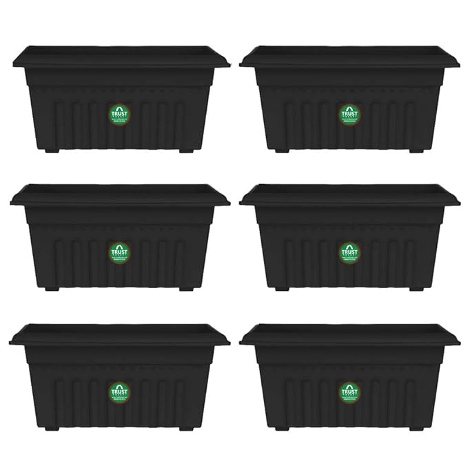TrustBasket UV Treated Rectangular Plastic Planter (10 inches) - Black Color- Set of 6
