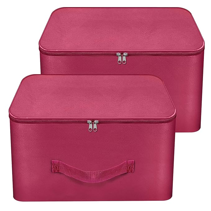 [Apply Coupon] - Storite 2 Pack Nylon Wardrobe Bag Underbed Moisture Proof Cloth Storage Organizer, Storage box for Clothes Saree Bags with Zippered Closure & Handle (Magenta, 37x35x23 cm) Square