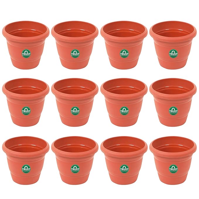 TrustBasket UV Treated Plastic Round Pot (6 Inches)-Terracotta Color -Set of 12 | Heavy Duty Highly Durable Plant Container Gamla for Indoor Home Decor & Outdoor Balcony Garden