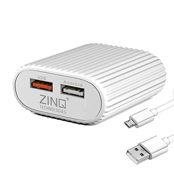 Zinq Technologies 2A Dual Port Mobile Charger for Android and iOS Devices, BIS Certified, Cable Included (White)