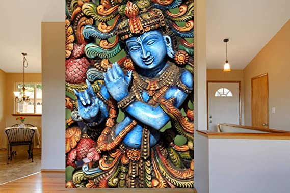 999Store 3D danching Lord Krishan Mural Wallpaper (Self-Adhesive_2X3 Feet_Blue)