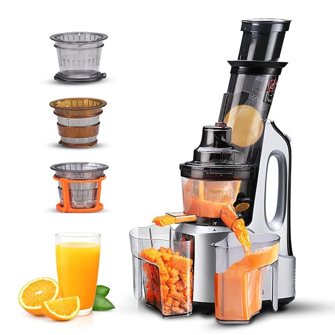AGARO Imperial Slow Juicer, Professional Cold Press Whole Slow Juicer, 240 Watts Power Motor, 3 Strainers, All-in-1 Fruit & Vegetable Juicer, Grey/Black