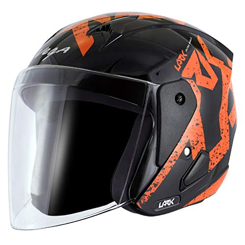 Vega Lark Victor ISI Certified Gloss Finish Lightweight Open Face Helmet for Men and Women with Long Clear Visor(Black Orange, Size:M)