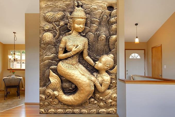 999STORE 3D Print Latest Boys or Girls Wall Stickers Sheet roll Kids Room Walls Golden Mermaid and Child Mural Wallpapers for Walls (Vinyl Self Adhesive 24X36 Inches) NonW230897