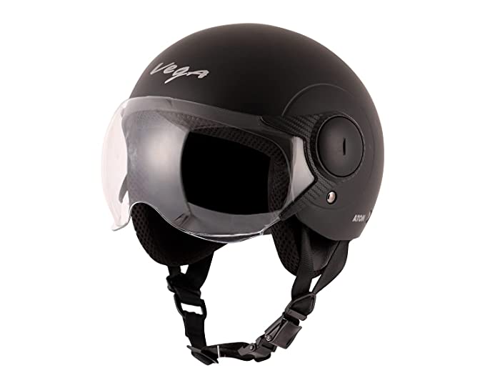 Vega Atom ISI Certified Smooth Matt Finish Open Face Helmet for Men and Women with Clear Visor(Dull Black, Size:M)