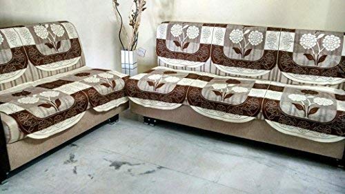 STITCHNEST 10 Piece Cotton Net Sofa Cover | Washable Protective Covers | Floral Design | Brown