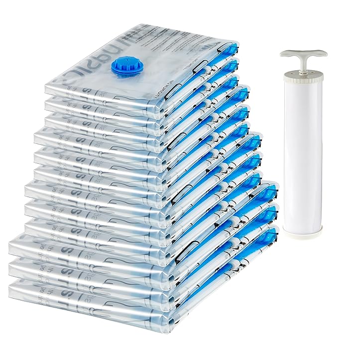 amazon basics Vacuum Compression Storage Bags with Hand Pump - 12-Pack (3 Jumbo, 3 Large, 3 Medium, 3 Small), Plastic | White
