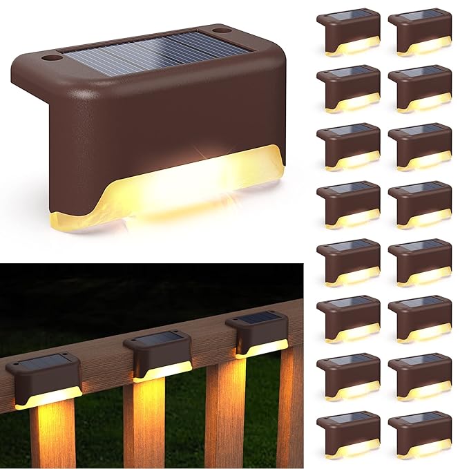 APONUO Solar Deck Lights 16 Pcs, Solar Step Lights Outdoor Waterproof Led Solar Fence Lamp for Patio, Stairs,Garden Pathway, Step and Fences(Warm White)