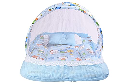 New Born Baby Bedding Set Mattress with Mosquito Net & Neck Pillow for 0-6 Months Baby Boy's & Baby Girl's (Blue)