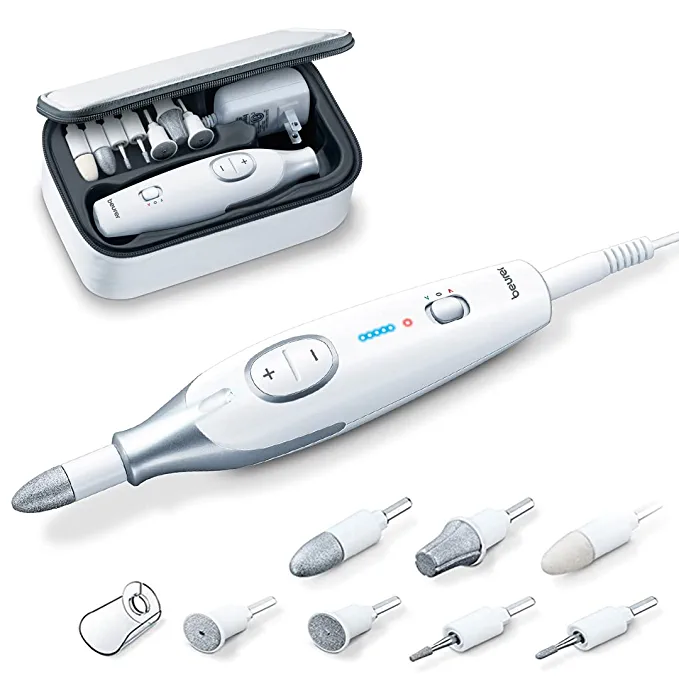 Beurer MP 42 Manicure Pedicure Kit for women I German Engineering I Electric Nail File with 7 Sapphire & Felt Attachments I For filing, shaping, buffing, callus removal, and polishing I Used for special nail care needs I LED Precision Light I Adjustable Speed (2500-4600 RPM) I Dust Protection Cap & Storage Bag I 3-Year Warranty I White in color